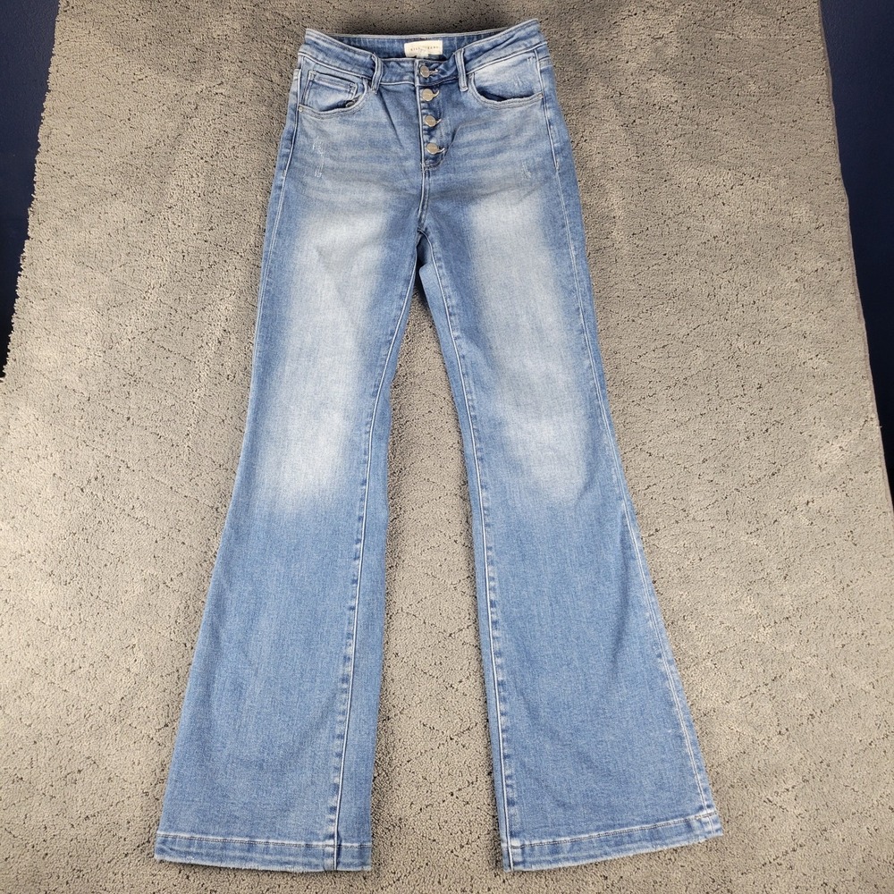 Risen Jeans Womens 9 Blue Button Fly High Rise‎ Flare Stretch Festival Hippie